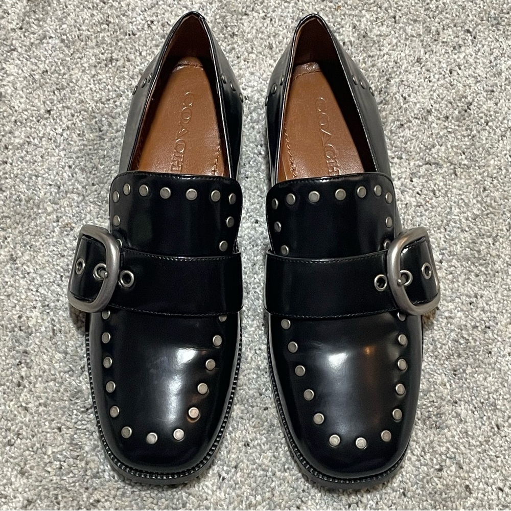 Coach Alexa Loafers w/ Studs, Black High-Shine Spazzolato Leather - Womens 6.5